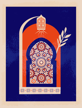 Modern and minimalist Boho design. Moroccan scene. A Moroccan doors, windows and traditional craftsmanship. Terracotta background. Vector illustration.のイラスト素材