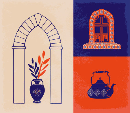 Abstract architecture posters simple geometric. Moroccan contemporary abstract geometric. Islamic arabian oriental style windows, doors, stairs and arches poster set mid century.のイラスト素材