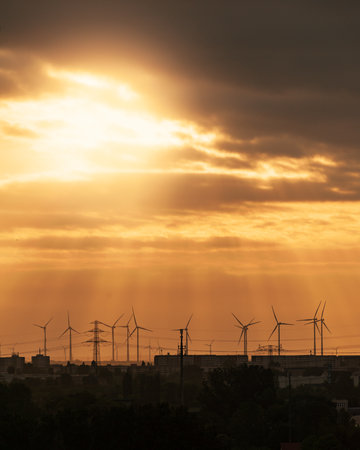 An image of windturbine farm in the city at sunsetの写真素材