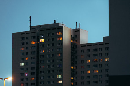 Modern apartment buildings at night in the city, Moscow, Russia.の写真素材