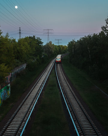 Railway in the evening. The train moves along the tracks.の写真素材