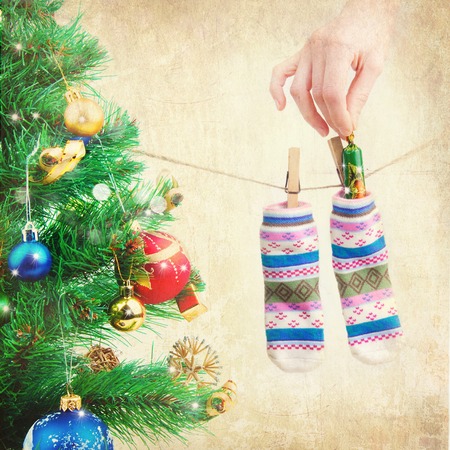 Christmas Stocking Background - Holiday Decorations - Golden Greeting Cardの写真素材