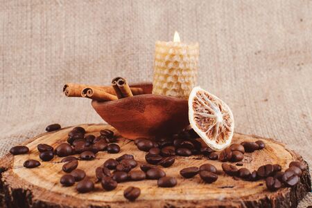 Cap of Coffee on the Sacking Textureの写真素材