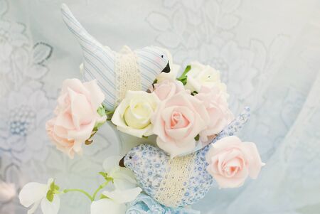 Pastel Background - Tender Roses on Lace Textureの写真素材