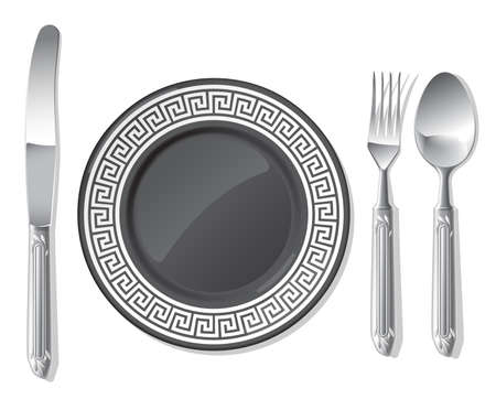 Realistic vector black plate and silver spoon, fork, table knife.のイラスト素材