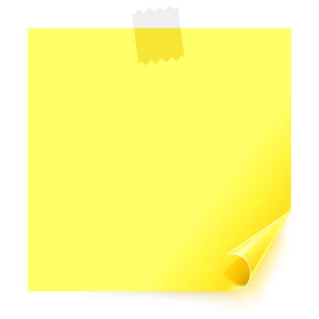 Yellow sticker with the curled corner and adhesive tape on white background.のイラスト素材