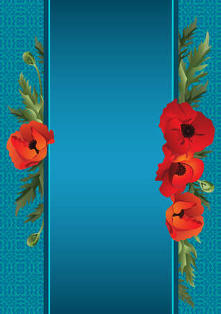 A sheet of paper with ribbons and poppies on a background of blue. Vector illustration.のイラスト素材