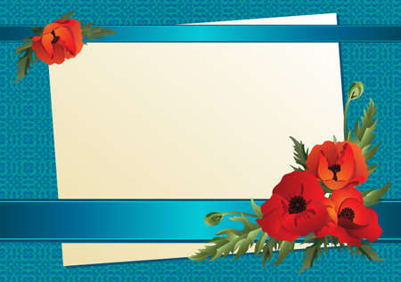 A sheet of paper with ribbons and poppies on a background of blue. Vector illustration.のイラスト素材