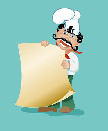 Chef with a big mustache, smiling and pointing to the empty form, which can be text (menu)のイラスト素材
