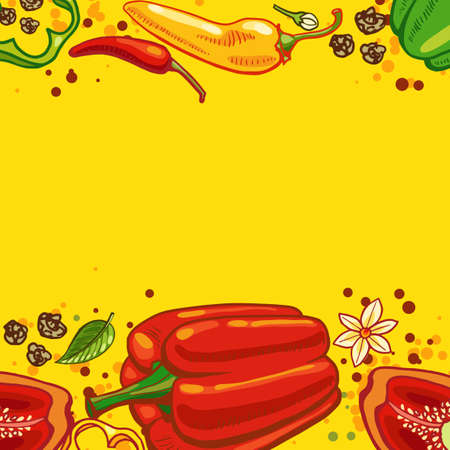 Yellow background with bell peppers and hot peppers  illustrationのイラスト素材