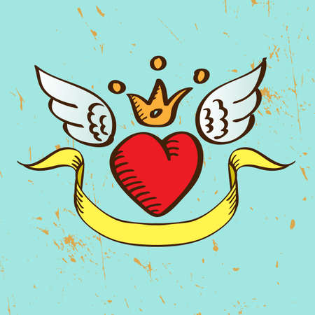 Flying Red Heart with Crown Wings and Banner Illustrationのイラスト素材
