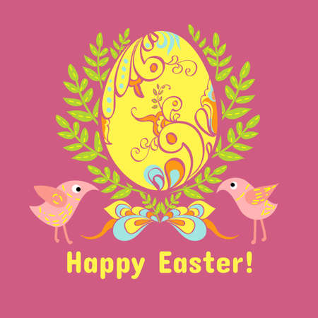 easter egg in the leaves, flowers on a pink background, with a bow and birdsのイラスト素材