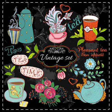 Set of tea collection with a tea cup and flowers in vintage style stylized drawing with chalk on blackboard.のイラスト素材