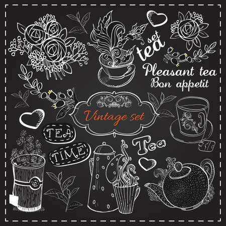 Set of tea collection with a tea cup and flowers in vintage style stylized drawing with chalk on blackboard.のイラスト素材