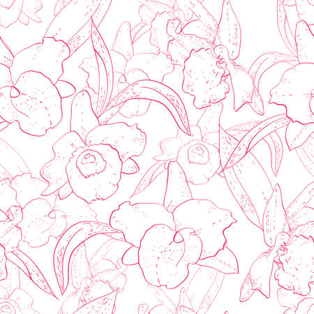 Seamless retro pattern with orchid, hand drawn illustration of a new shabby chic embroidery motif with flowersのイラスト素材