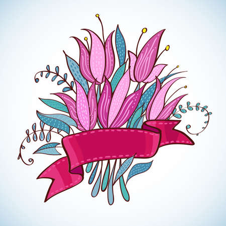 Vector Wedding Vintage pink flowers with ribbon for your textのイラスト素材