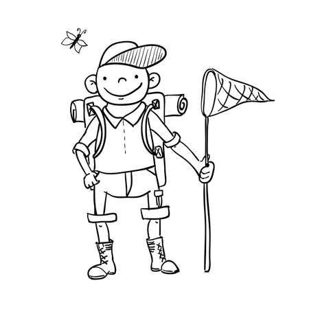 Man with tourist bag, hat のイラスト素材
