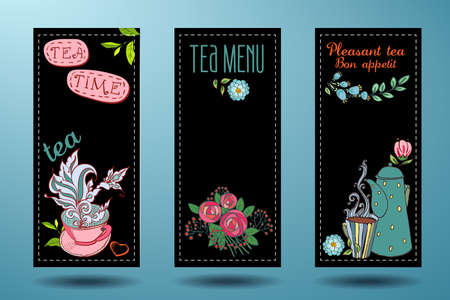 banners with cups, teapots and tea, tea card のイラスト素材