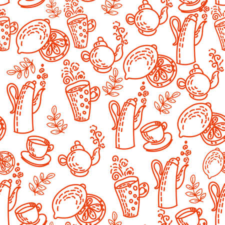 Red Seamless Pattern with Tea Cups のイラスト素材