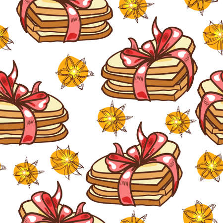 Seamless pattern with heart-shaped cookies, pink ribbons, Dittany style doodle, sketch graphsのイラスト素材