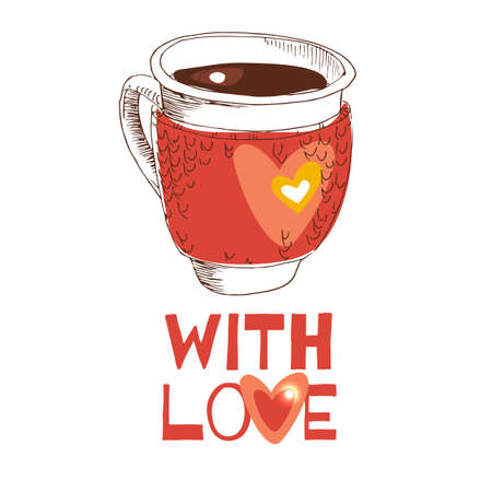 Tied with a mug of tea coffee heart inside in sketch style. Expresses romance, love, caring.のイラスト素材