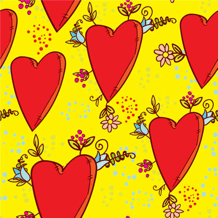 Seamless pattern with hearts and flowers with a doodle-style graphics sketchのイラスト素材