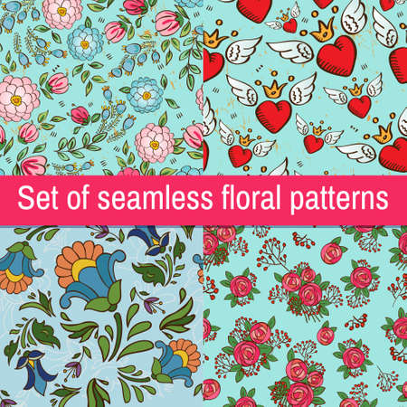 Set Vintage fashionable vector seamless patterns, tiling. Retro pink, white and blue colors. Endless texture can be used for printing onto fabric and paper, scrapbook. Heart, dot and flower shapes.のイラスト素材