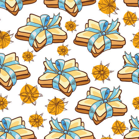 Seamless pattern with cookies in the form of stars, blue ribbons and Dittany style doodle, sketch graphsのイラスト素材