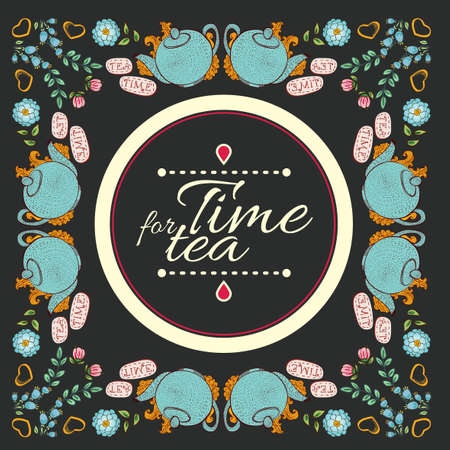 tea flower wreath frame  \"time for tea\"のイラスト素材