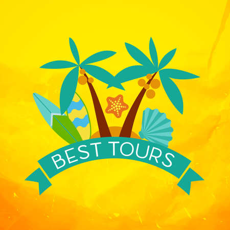 Banner with the inscription best tours, palm trees, shells and surfboard at sunset.のイラスト素材