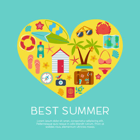 Flat icons set  of traveling, planning a summer vacation, tourism and journey objects and passenger luggage, Rest, sunbathing and swimming on the beach. Eps10のイラスト素材