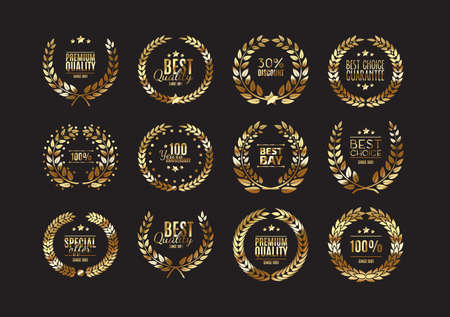 Premium gold quality laurel wreath collection for design of labels, badges and other guaranteesのイラスト素材