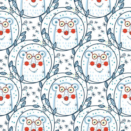 Christmas pattern with polar bears and wreaths.  Hand Drawn.のイラスト素材