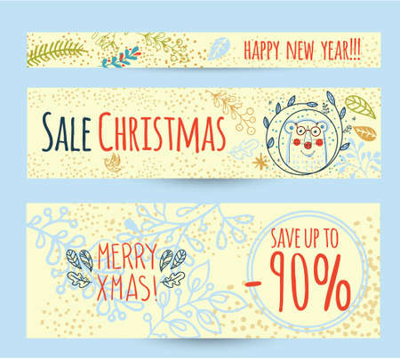 Discount, sale web banner with Christmas wreath. Hand drawnのイラスト素材