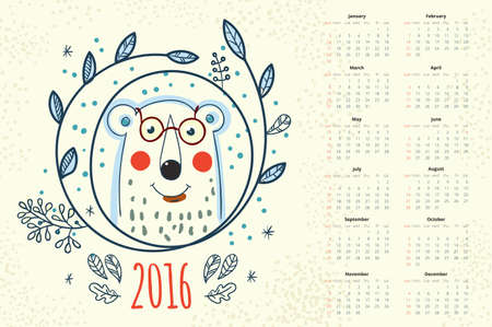 Calendar 12 months. Polar bear in a wreath winterのイラスト素材