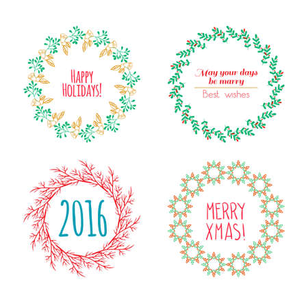 Christmas wreath drawn. Vector set. Elements page decoration, cards, banners on black blackboardのイラスト素材