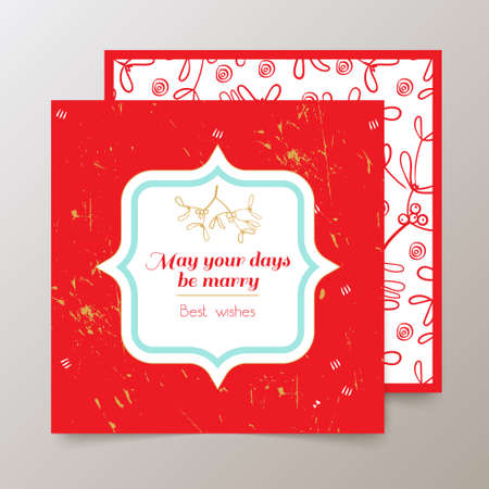Postcard Merry Christmas Congratulations on a red background in the style of hand-drawing.のイラスト素材