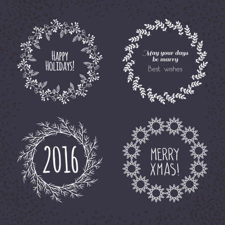 Christmas wreath drawn. Vector set. Elements page decoration, cards, banners on black blackboardのイラスト素材