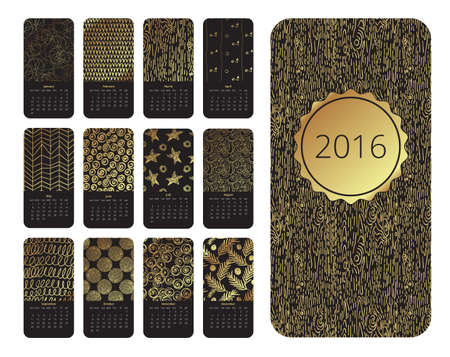Calendar 12 months. Vertical with hand drawn designs. Gold and blackのイラスト素材