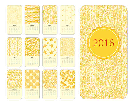 Calendar 12 months. Vertical with hand drawn designs. Yellow and whiteのイラスト素材