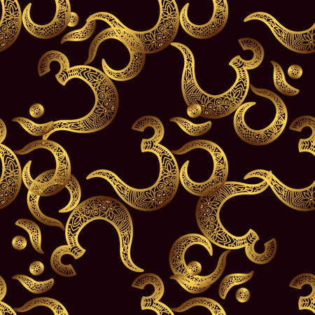 Seamless pattern Om or Aum Indian sacred sound, original mantra, a word of power. The symbol of the divine triad of Brahma, Vishnu and Shiva. The rich round mandala. For prints, textiles, mehendi.のイラスト素材