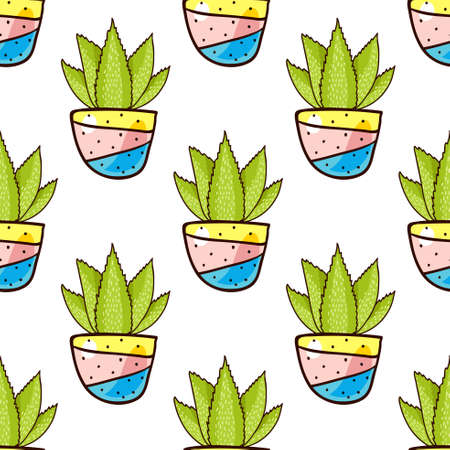 Seamless pattern of cacti and succulents in pots. In the hand drawn style. For scrapbooking, fabric, wrapping paperのイラスト素材