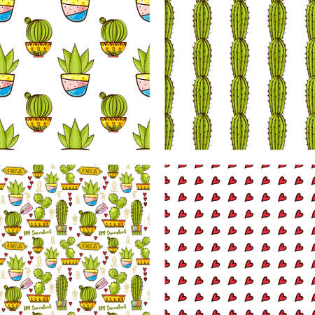 Set Seamless pattern of cacti and succulents in pots. In the hand drawn style. Hero, Secondary, Blending patterns. For scrapbooking, fabric, wrapping paper.のイラスト素材