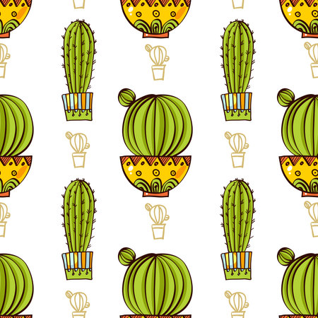 Seamless pattern of cacti and succulents in pots. In the hand drawn style. For scrapbooking, fabric, wrapping paperのイラスト素材