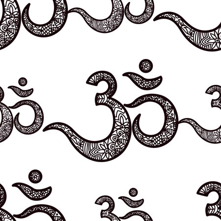 Seamless pattern Om or Aum Indian sacred sound, original mantra, a word of power. The symbol of the divine triad of Brahma, Vishnu and Shiva. The rich round mandala. For prints, textiles, mehendi.のイラスト素材