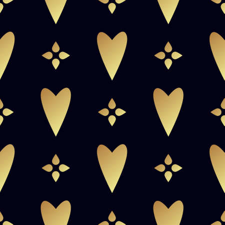 Seamless  pattern with gold hearts on a black background. Contemporary style perfect for wedding, valentines day, save the date, birthday invitation. Vector illustrationのイラスト素材