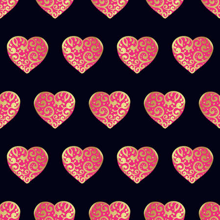 Seamless  pattern with gold hearts on a black background. Contemporary style perfect for wedding, valentines day, save the date, birthday invitation. Vector illustrationのイラスト素材