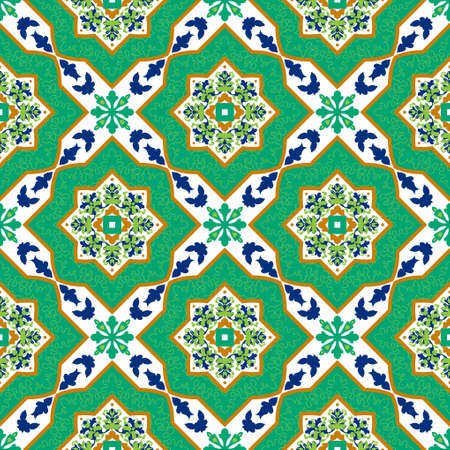 Spanish classic ceramic tiles in shades of green. Decorations for cloths, wrapping paper, scrapbooking, textiles, surface texturesのイラスト素材