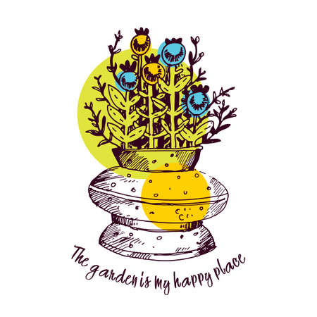 Lettering the garden is my happy place. Bouquet in a vase of twigs, blue berries, flowers. Vector illustration in sketch styleのイラスト素材