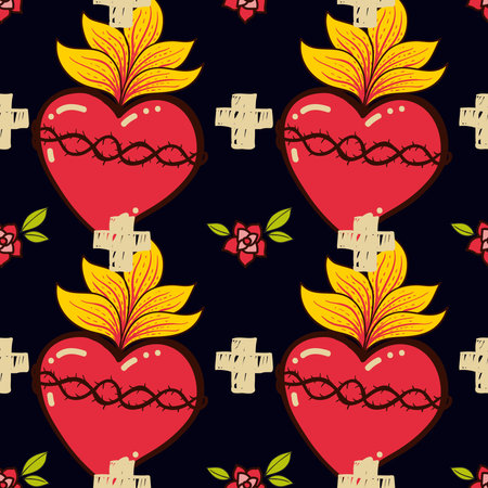 Sacred Heart, cross, rose seamless pattern old schooll tattoo style. Hand drawn vector for T-shirt,...